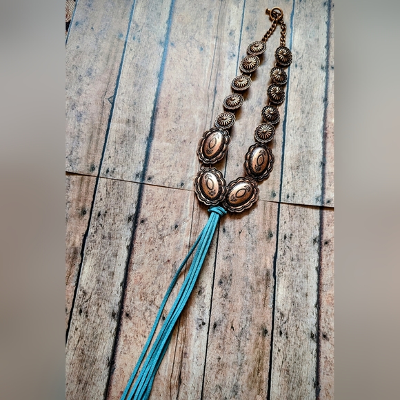 Original Designed Copper Concho Boho Western Necklace With Turquoise Suede Frnge - Picture 1 of 6